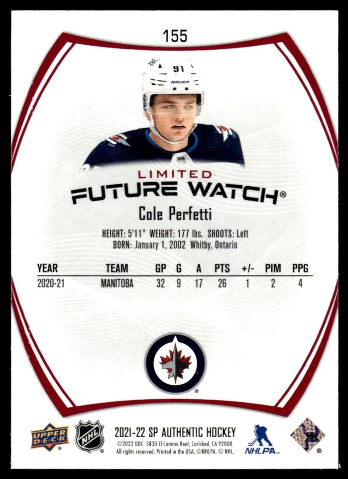 2021-22 SP Authentic Future Watch RED Cole Perfetti Winnipeg Jets #155 - Image 2 of 2