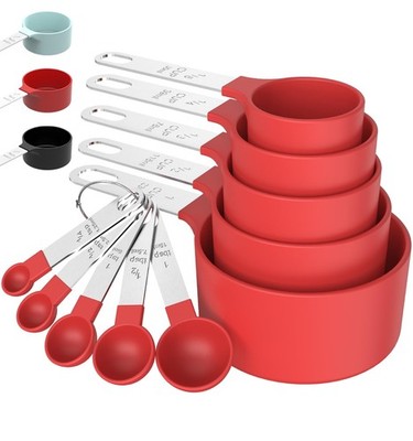 Measuring Cups and Spoons Set, Stackable Nesting Cups, Stainless Steel, Red