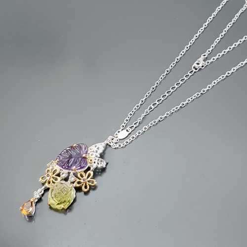 AAA Carving 17 ct Natural Amethyst Necklace 925 Sterling Silver 17"/N26700