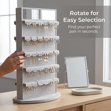 Rotating Earring Display Stand with Mirror - Flannel and Metal Jewelry Holder