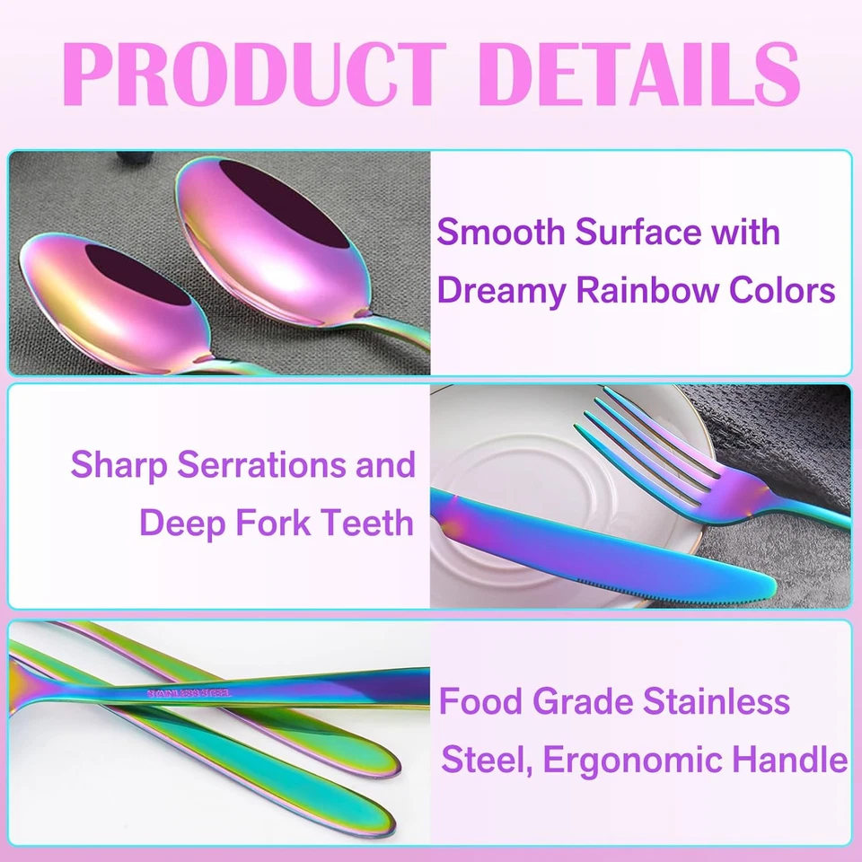 Set Di 24 Posate Colorate per 6 Persone, in Acciaio Inox, per Campeggio, per Cas - Immagine 3 di 4