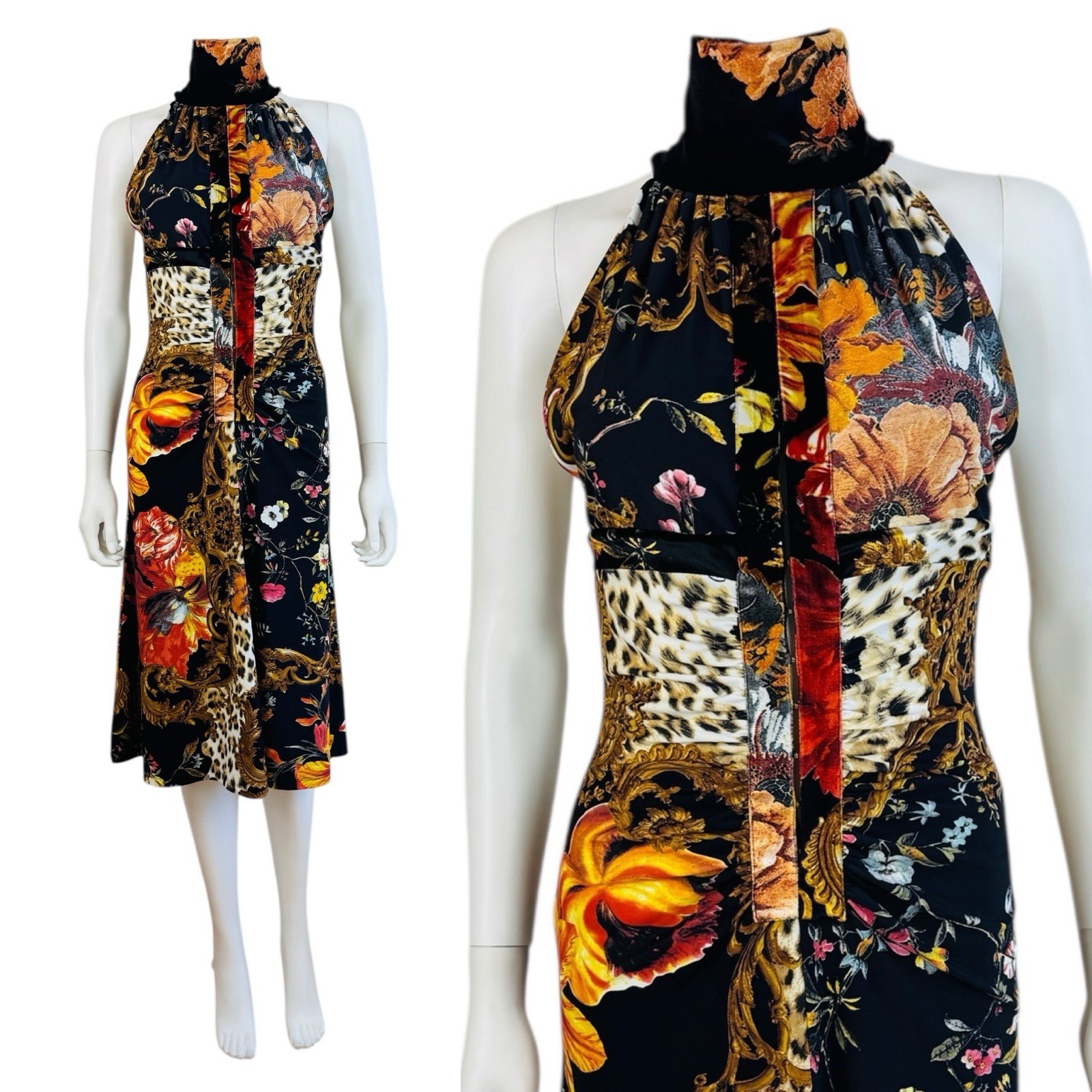 Vintage F/W 2005 Roberto Cavalli Black Halter Keyhole Cut Out Midi Dress Floral
