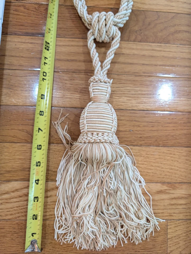 Borla llave grande de 9" de colección para muebles franceses - BEIGE Y CREMA - flecos de cuerda retorcida Foto 3 de 4