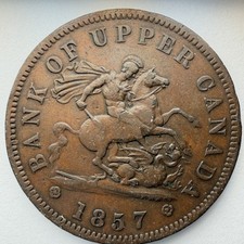 1857 Bank of Upper Canada Copper Bank Token One Penny Better Grade