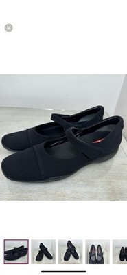 PRADA Linea Rossa Mary Jane Flats Hook & Loop Black Square Toe Women 36.5 Fabric