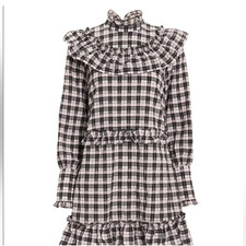 Ganni Charron Pink Check Plaid Seersucker Ruffle Mock Neck Mini Dress Size 36