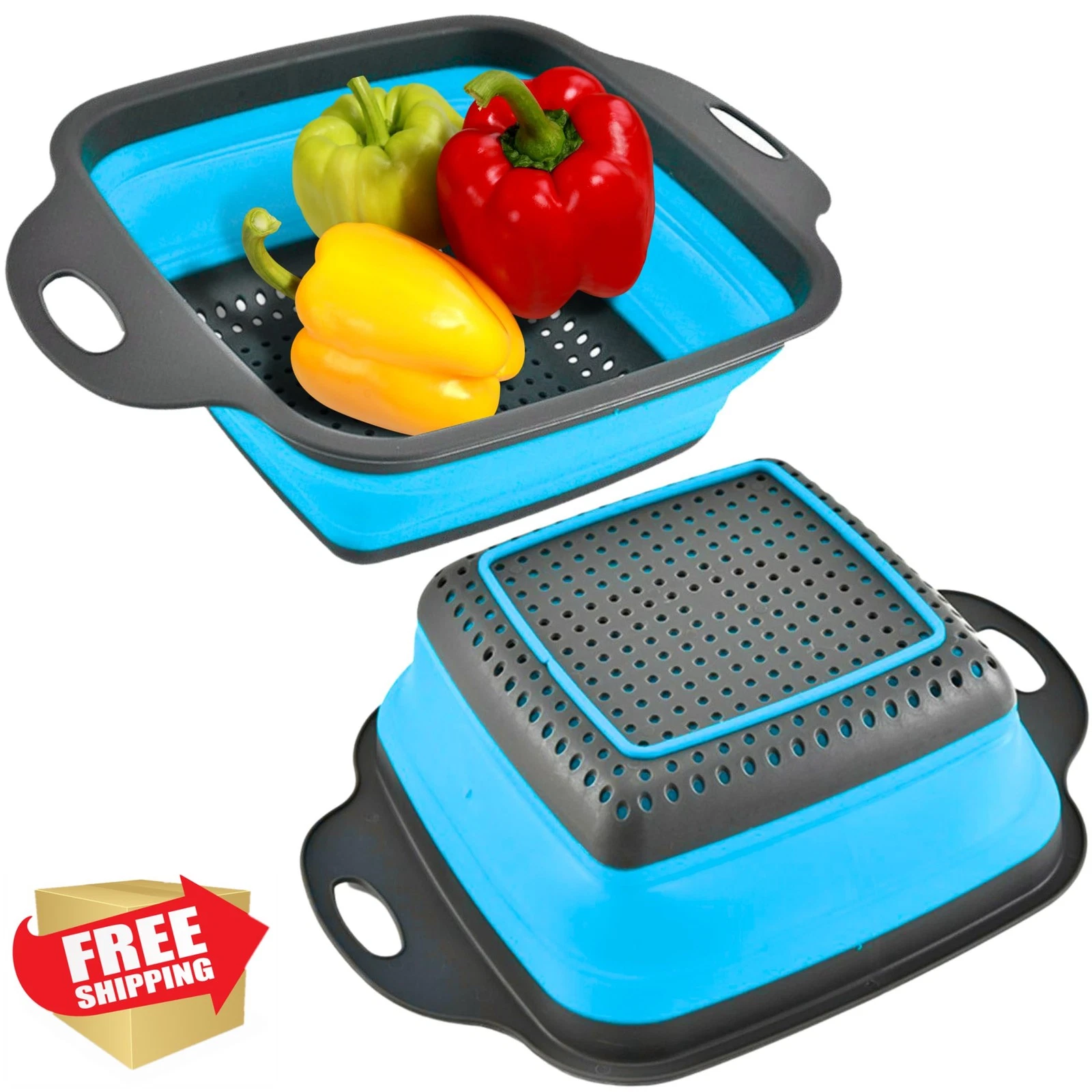 Blue Collapsible Colander Square Silicone Strainer with Handles