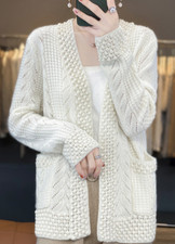 V-neck 100 Wool Cardigan Women Sweater Cashmere Knit Long-sleeved Jacket Coats