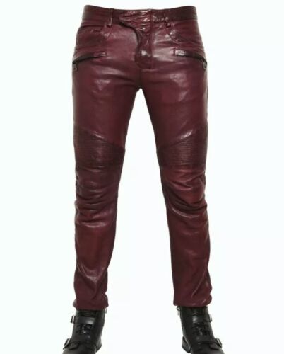Men’s genuine cowhide hot style pants cow leather night club burgundy trousers - Afbeelding 1 van 4