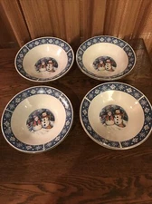 CROFTON Christmas Snowmen Blue Rim - Set of 4 SOUP CEREAL BOWLS