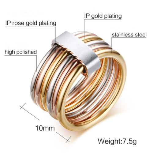 Plata y oro y oro rosa 6 en 1 bandas Anillos de fiesta de acero inoxidable para mujer talla 6-9 - Imagen 2 de 9