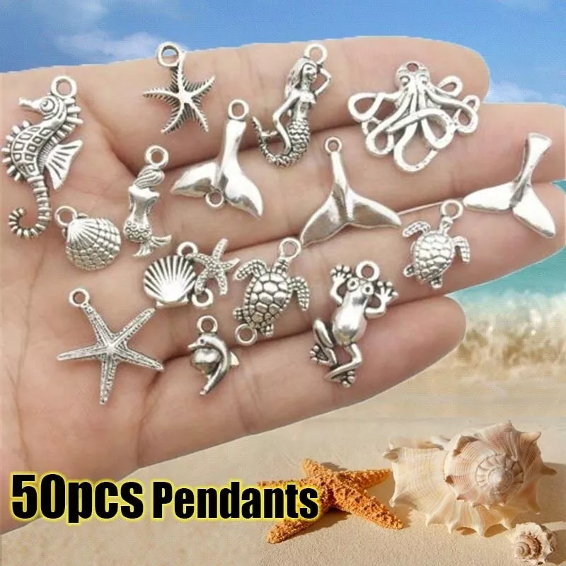 50Pcs Bulk Tibetan Silver Mixed Charms Ocean Pendants Jewelry DIY Findings