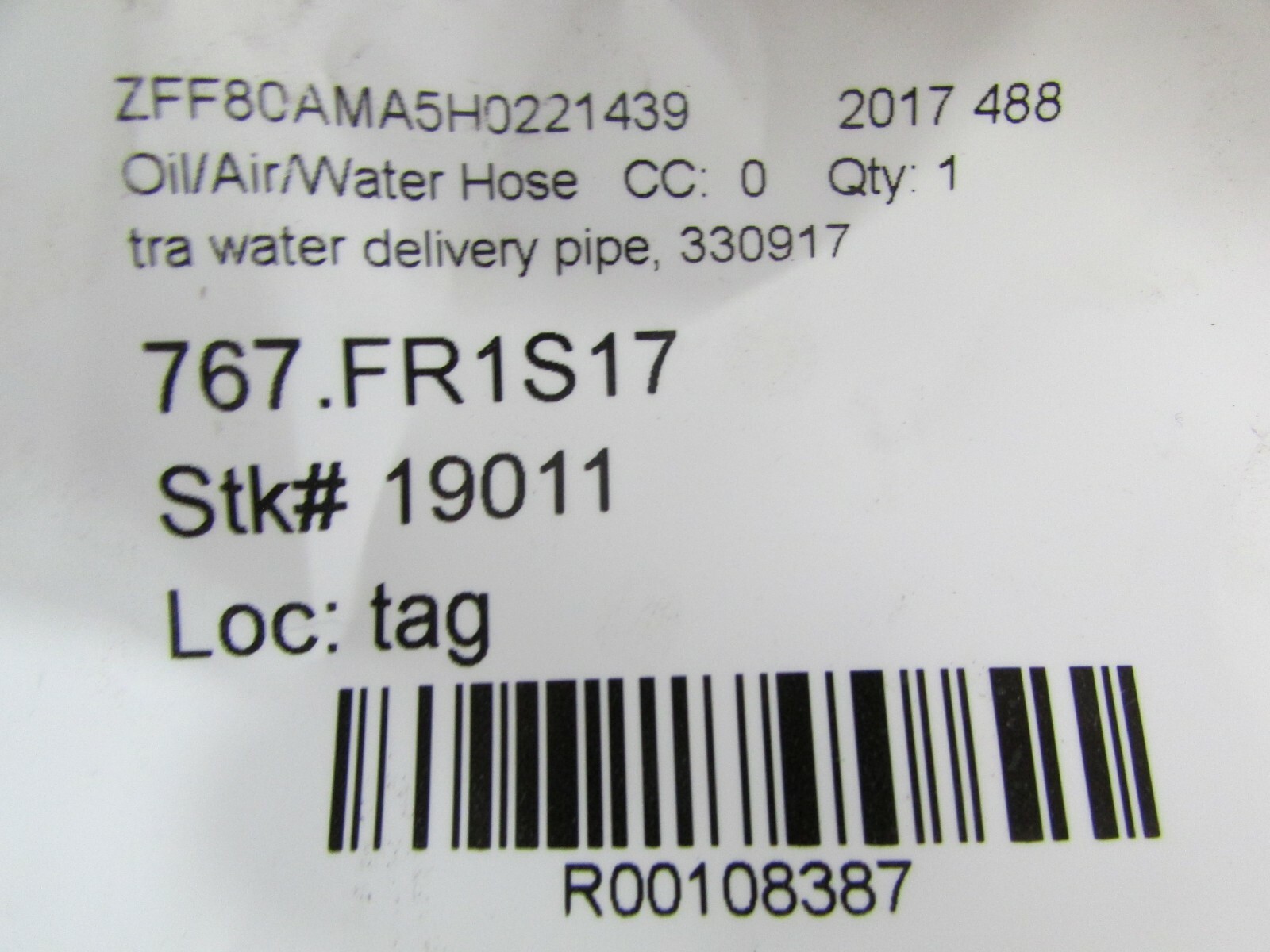 Ferrari 488, Transmission Water Delivery Pipe, Used, P/N 330917
