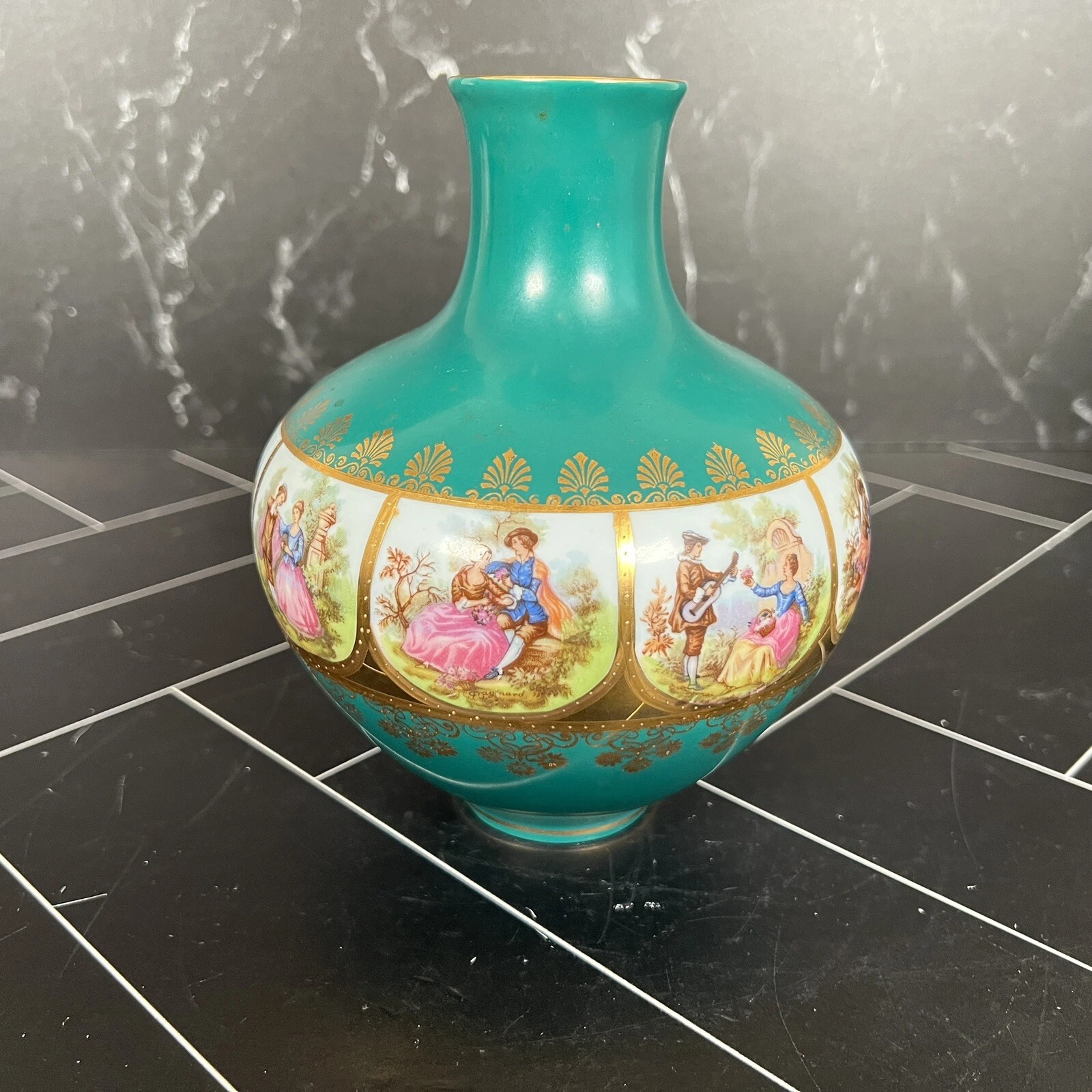 Vintage J K W Green Gold Color Design Vase Finishes 7" Bavaria Germany See