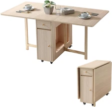 Extendable Drop Leaf Folding Dining Table with 2 Drawers and 4 Wheels for Living