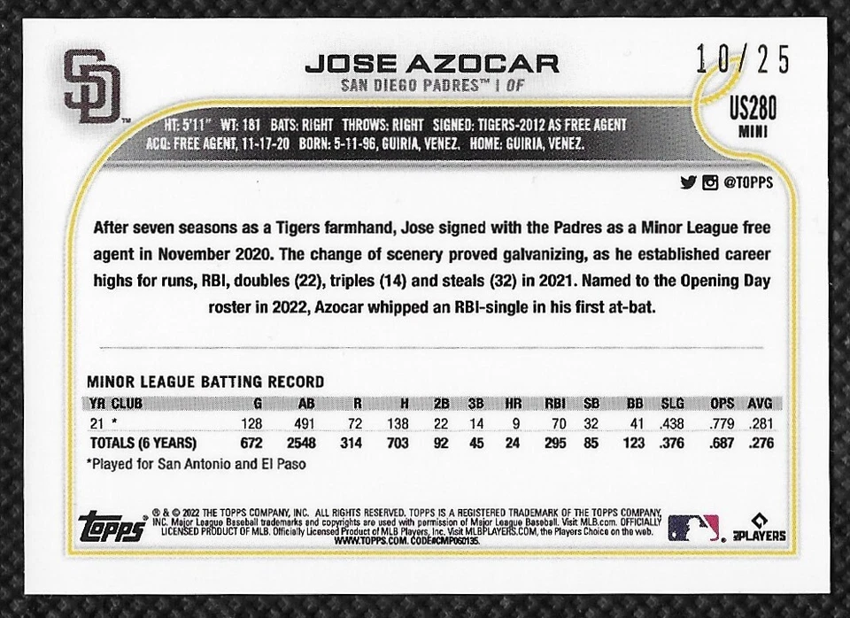 2022 Topps Mini Pink Rookie #US280 Jose Azocar /25 Padres Numbered Parallel SSP - Image 2 of 2