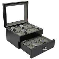 Watch Box 20 Watches Black Finish Large Compartments High Clearance Glass Window
