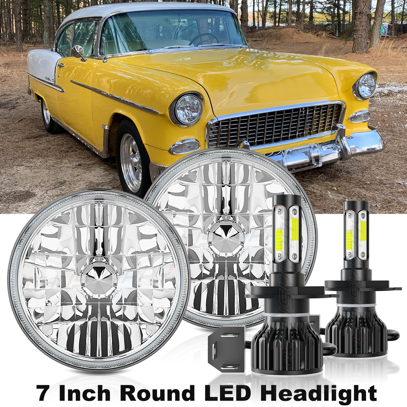 Pair 7inch Round Led Headlights Hi/Lo Beam Lamp for Chevy Bel Air 1955-57 Trucks