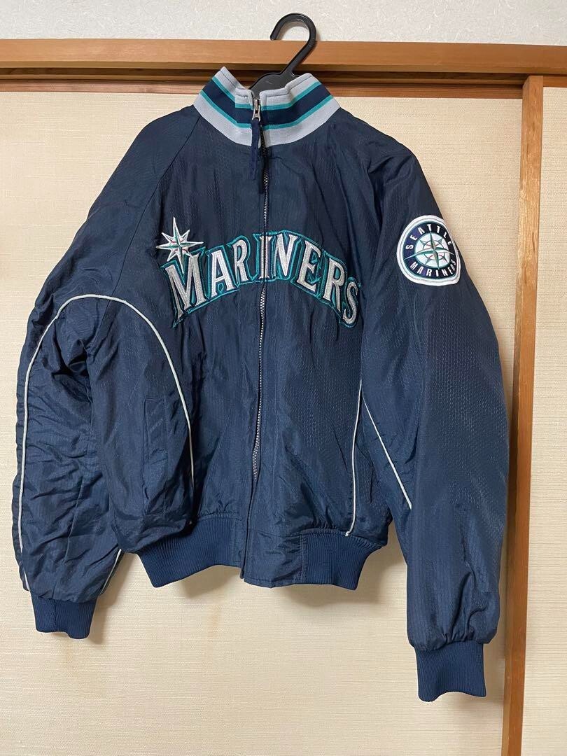 MARINERS Majestic ジャケット　スタジャン　 Sサイズ ネイビー VTG 00s MLB SEATTLE MARINERS MAJESTIC SATIN DUGOUT JACKET