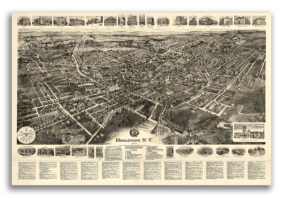 1922 Middletown New York Vintage Old Panoramic NY City Map - 20x30