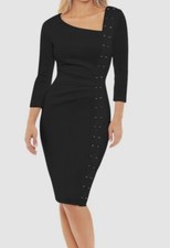 XSCAPE Women's Black Embellished Asymmetric Neck 3/4-Sleeve Sheath Dress Size 6