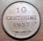 SAN MARINO 1937-R 10 Centesimi KM 13 Lt Brown BU UNC Some Red Uncirculated Coin — photo 2