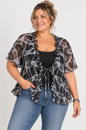 Lane Bryant NWT 26/28 Sheer Ruffle Top Tie Front Crinkle Print Black White Cute