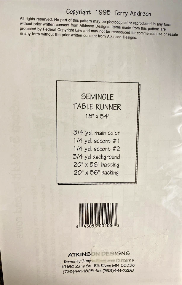 Atkinson Designs Seminole Table Runner Sewing Quilt Pattern SPL105 - Image 2 of 3