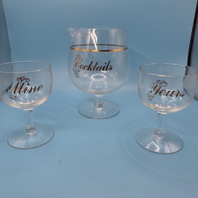 Yours Mine Goblets Cocktails Pitcher Gold Trim Cocktail Set Mid Century Modern