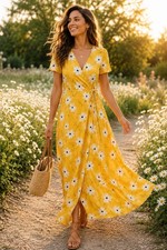 Madewell Yellow Floral Wrap Midi Dress Women's Large Tie Waist V-Neck Boho
