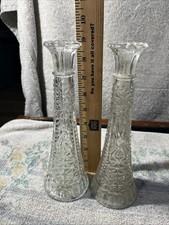 Vintage Anchor Hocking Stars and Bars Clear Glass Bud Vases Set of 2 Pair 9"