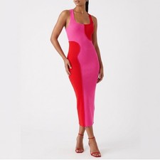 Naked Wardrobe Pink Red Colorblock Ribbed Midi Dress Womens Large