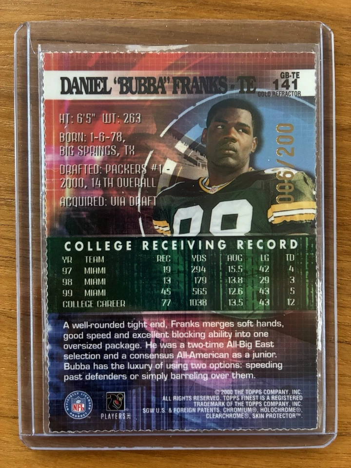 Bubba Franks /200 RC 2000 Topps Finest Gold Refractor Rookie Packers #141 - Image 2 of 2