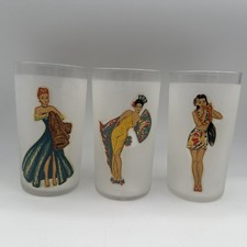 3 1940s Frosted Keyhole Peek-A-Boo Decal Pin Up Glasses Barware Nude