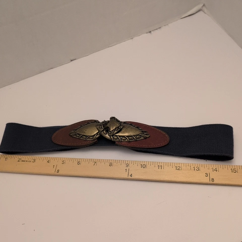 Cinturón con hebilla de metal azul elástico escalas tono latón Day-Lor vintage años 70 EE. UU. Foto 3 de 4
