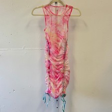 Oh Polly Tie-Dye Sheer Bodycon Mini Sleeveless Dress Pink Medium Cinched Hem
