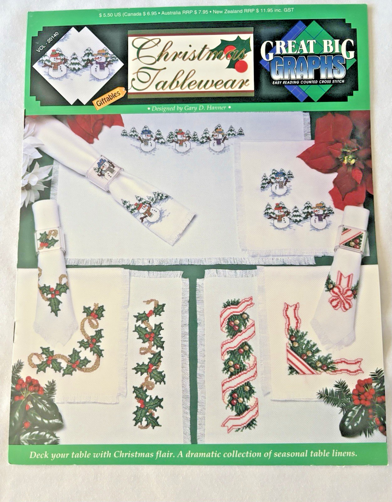 Great Big Graphics #20140 Cross Stitch Christmas Tablewear Holly/Snowman/Garland