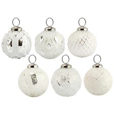 Farmhouse Ball Ornaments Set of 6, White ; Distressed Metal Glass Ball Vinta...