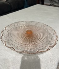 Pink Depression Glass Footed Cake Stand with Laurel Leaf Border — listing 3