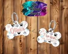 Cute Pastel Peach Teal Paw Prints Custom Personalized Pet Name ID Dog Tag Number