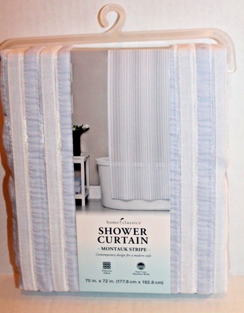 Home Classics Montauk Stripe Blue Sheer Seersucker Fabric Shower