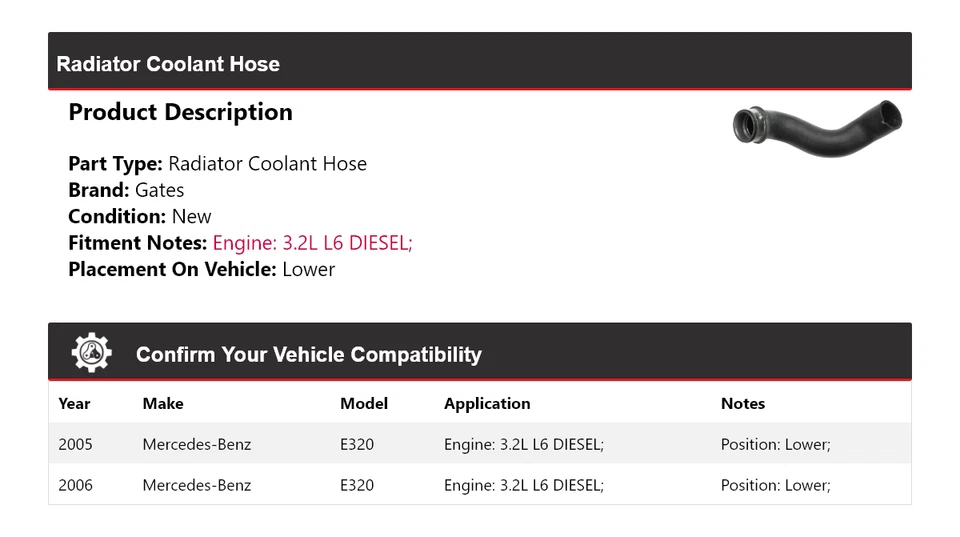 Manguera de refrigerante de radiador puertas inferiores para Mercedes-Benz E320 2005-2006 Foto 2 de 3