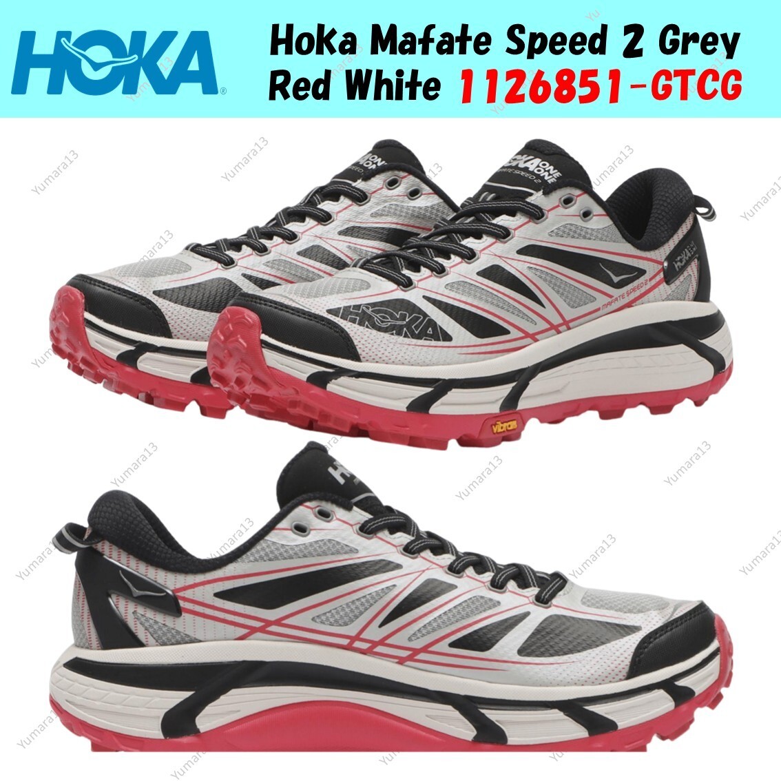 国内配送 HOKA MAFATE SPEED 2 GREY/RED Hoka Mafate Speed 2 Grey Red White 1126851-GTCG Men's Size