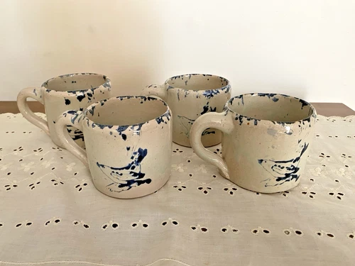Vintage Bybee Pottery, Kentucky, Blue Bird Design with Spongeware, 4 Mugs VGC!!
