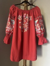 FREE PEOPLE OffTheShoulder LongSleeve Pockets Floral Embroidery Red Dress Size S
