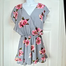 Umgee USA Women's Small Blue Floral Romper Ruffles V-Neck Elastic Waist