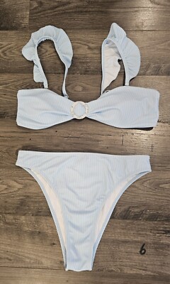 sz L Bikini Feminine Frilly Pale Blue Striped Valentine's Vacation Cinderella