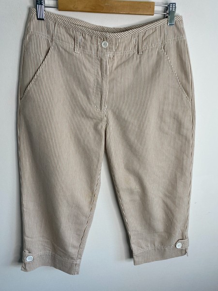 Victoria Cooper Crop Pants Womens Size 8 Brown Striped Pockets Zip Stretch