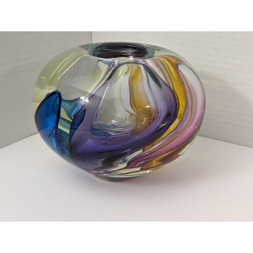 Vaso squat policromatico arcobaleno Leon Applebaum 1984 vetro artistico pesante - Foto 4 di 9