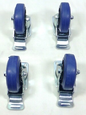 Set Of Four 4'' Heavy Duty Swivel Casters w/4'' Blue Rubber Wheels & Locking Brake